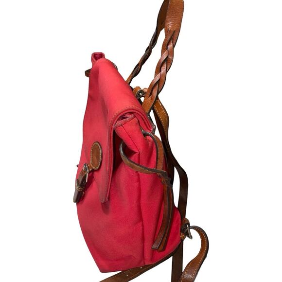 Dooney & Bourke Red Nylon Brown Leather Trim Flap Backpack - Picture 2 of 8